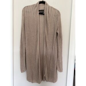 TAHARI Taupe Linen Blend Open Front Longline Cardigan Sweater Sz L Minimalist